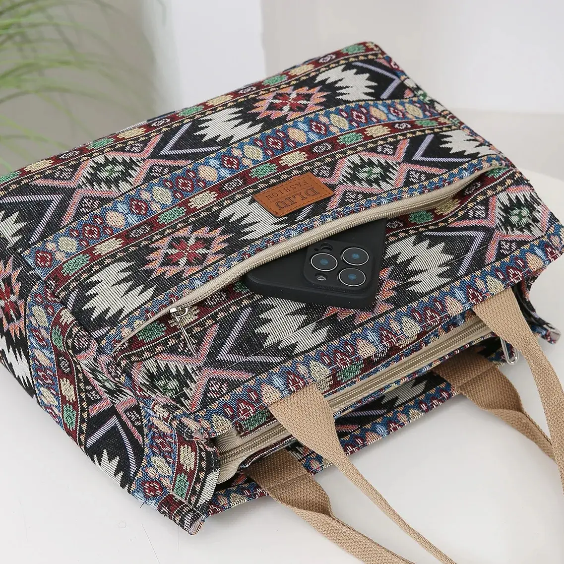 Large Women Thick Knitted Jacquard Fabric Tote Bag Portable Shopping Bag with Ethnic Pattern Lunch Bag for Work and Travel