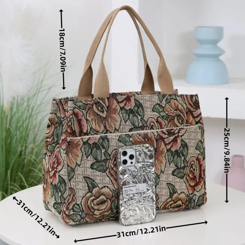 Large Women Thick Knitted Jacquard Fabric Tote Bag Portable Shopping Bag with Ethnic Pattern Lunch Bag for Work and Travel