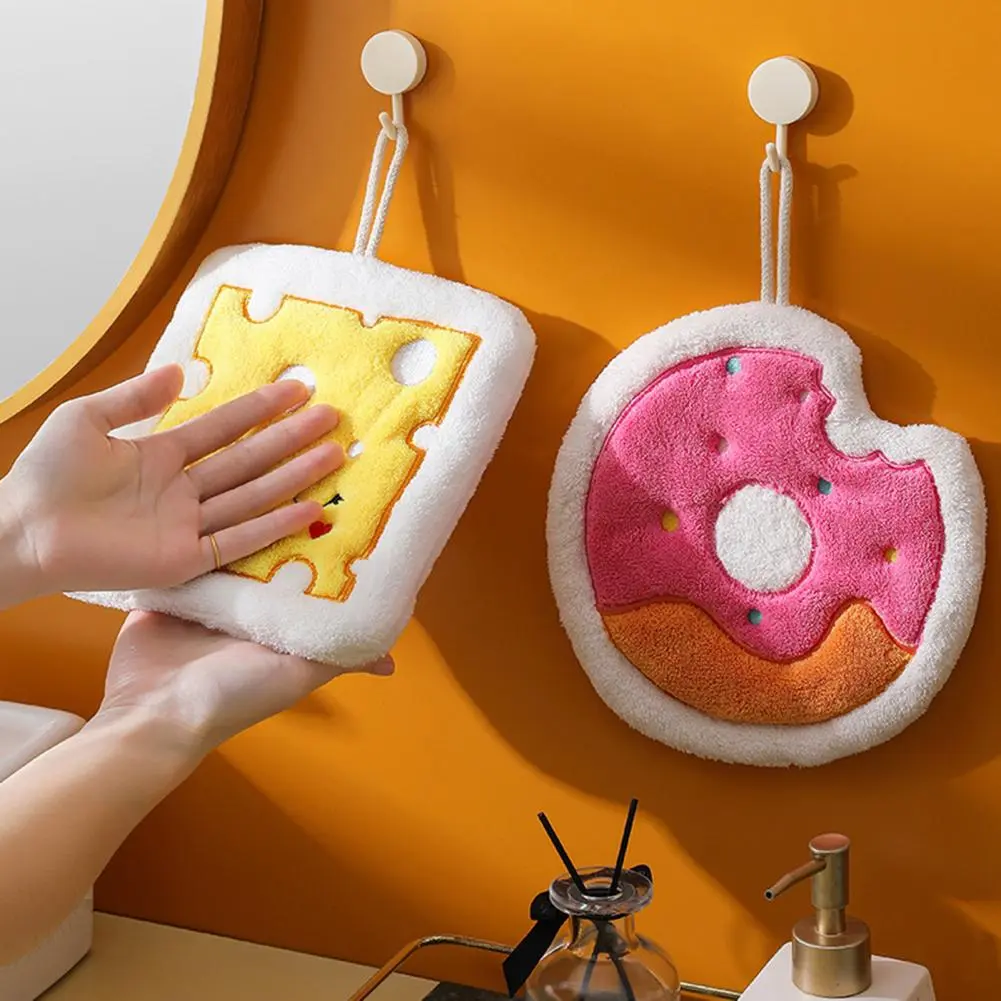Cartoon Hand Towels Coral Fleece Cute Cake Cheese Doughnut Absorbent Hanging Towels Kitchen Bathroom Soft Towels