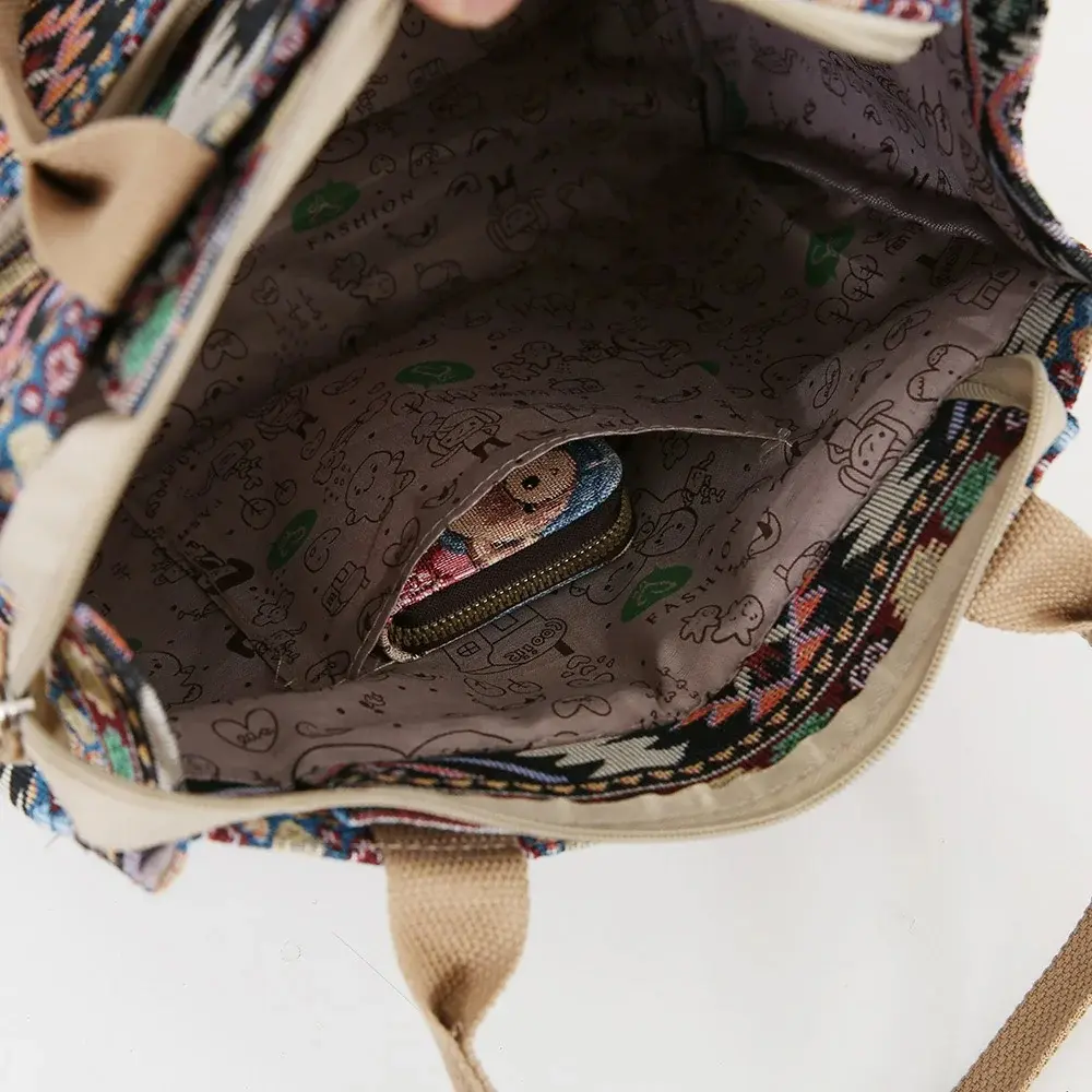 Large Women Thick Knitted Jacquard Fabric Tote Bag Portable Shopping Bag with Ethnic Pattern Lunch Bag for Work and Travel