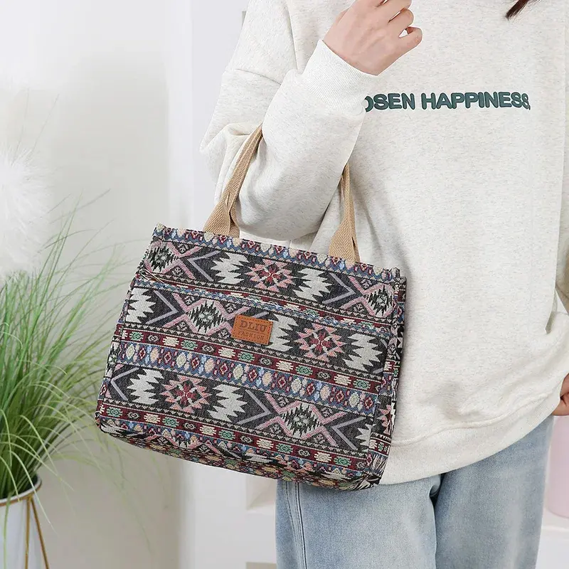 Large Women Thick Knitted Jacquard Fabric Tote Bag Portable Shopping Bag with Ethnic Pattern Lunch Bag for Work and Travel