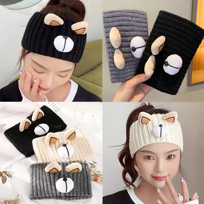 Cute Bear Knitted Turban Headband Autumn Winter Warm Elastic Hair Band Cross Headwrap Bandana for Women Hair Accessories