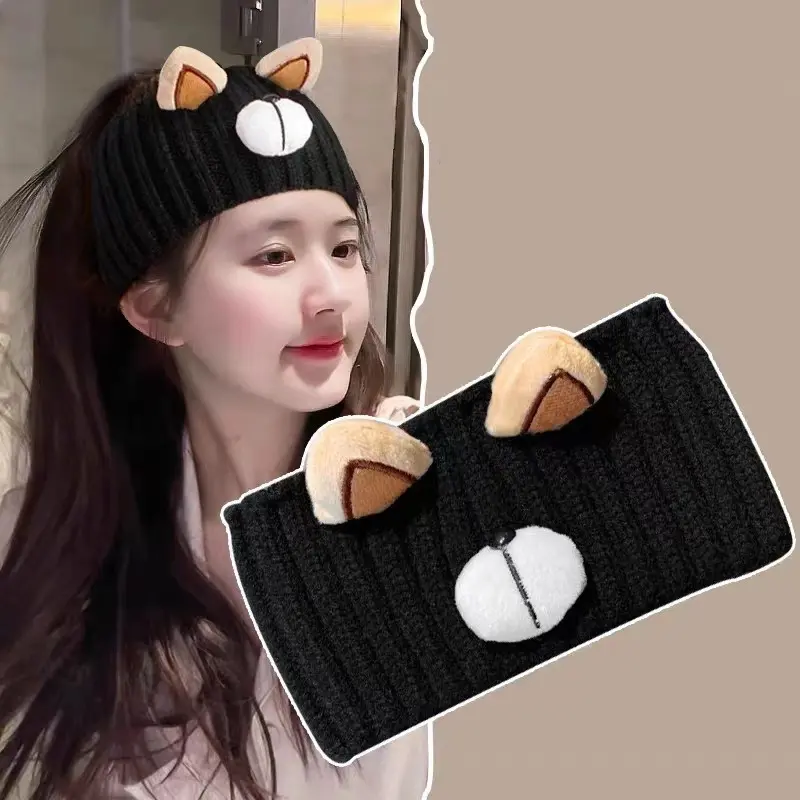 Cute Bear Knitted Turban Headband Autumn Winter Warm Elastic Hair Band Cross Headwrap Bandana for Women Hair Accessories