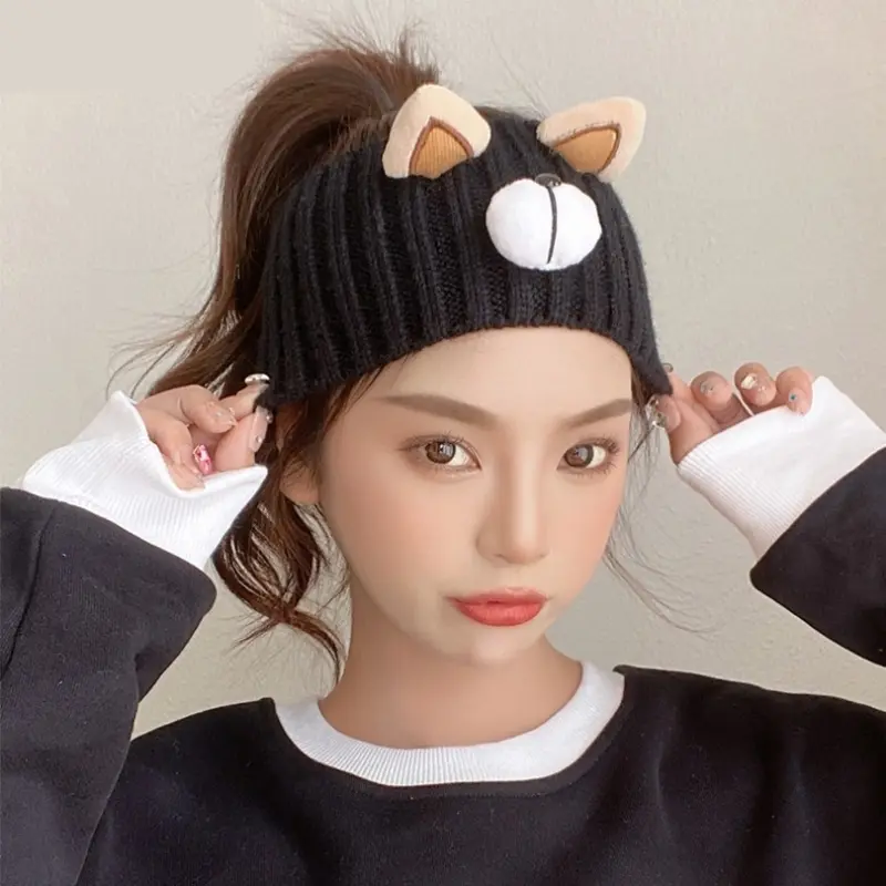 Cute Bear Knitted Turban Headband Autumn Winter Warm Elastic Hair Band Cross Headwrap Bandana for Women Hair Accessories