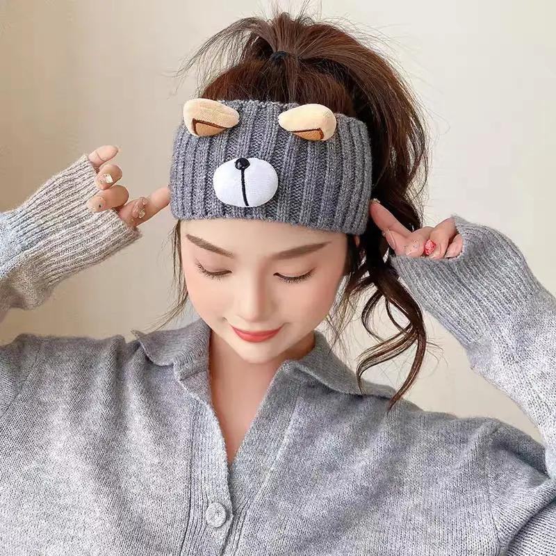 Cute Bear Knitted Turban Headband Autumn Winter Warm Elastic Hair Band Cross Headwrap Bandana for Women Hair Accessories