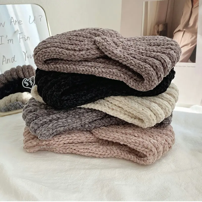 Autumn Winter Thicken Knitting Woolen Wide Headband For Women Plush Lined Headwrap Turban Hairbands Keep Warm Female Ear Warmers