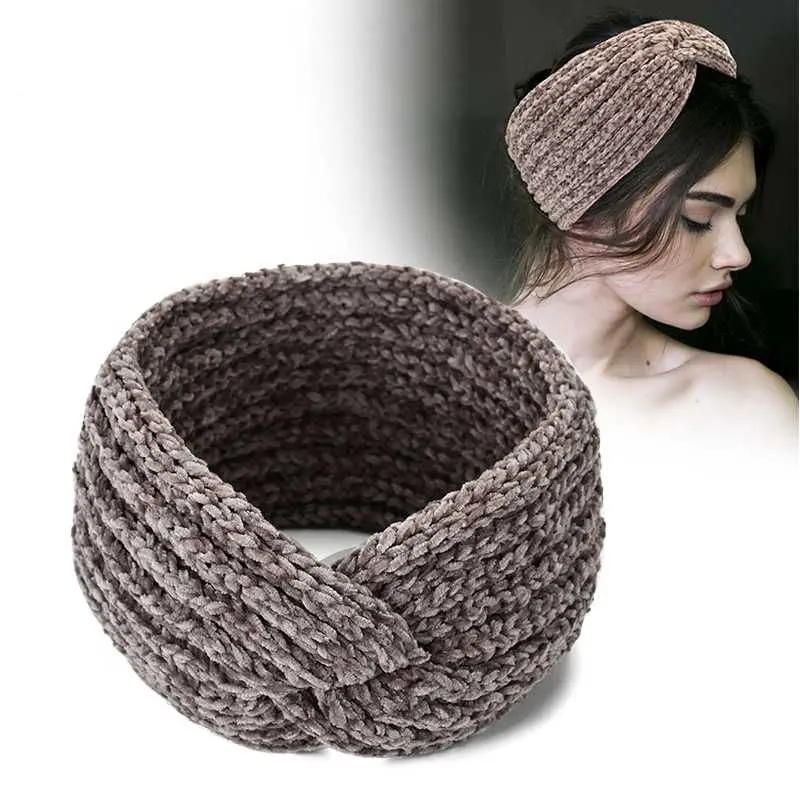Autumn Winter Thicken Knitting Woolen Wide Headband For Women Plush Lined Headwrap Turban Hairbands Keep Warm Female Ear Warmers
