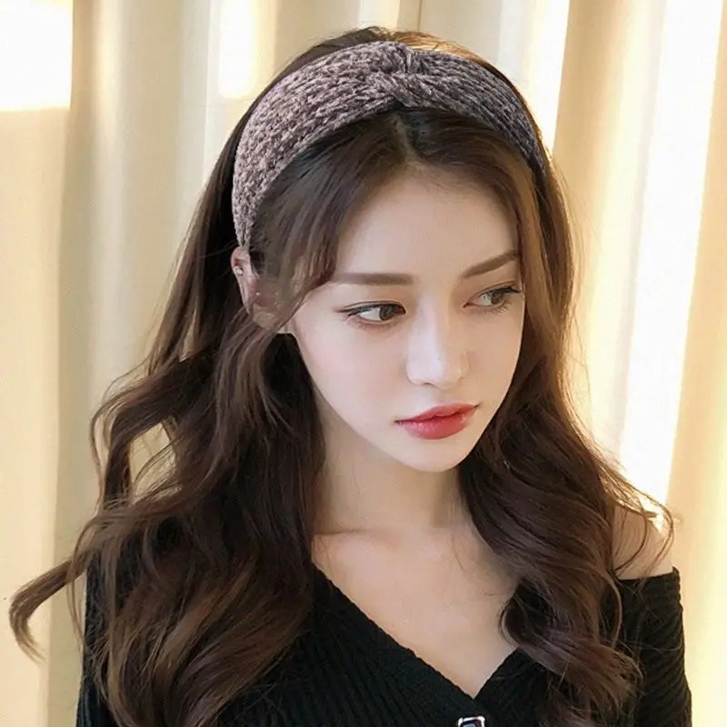 Autumn Winter Thicken Knitting Woolen Wide Headband For Women Plush Lined Headwrap Turban Hairbands Keep Warm Female Ear Warmers