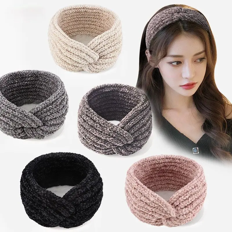 Autumn Winter Thicken Knitting Woolen Wide Headband For Women Plush Lined Headwrap Turban Hairbands Keep Warm Female Ear Warmers