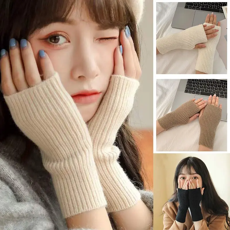 Winter Women Men Warm Fingerless Mitten Knitted Wool Gloves Solid Color Stretch Mittens Exposed Finger Short Cashmere Glove