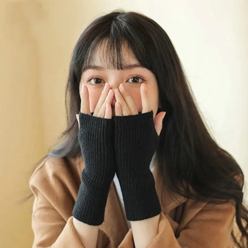 Winter Women Men Warm Fingerless Mitten Knitted Wool Gloves Solid Color Stretch Mittens Exposed Finger Short Cashmere Glove