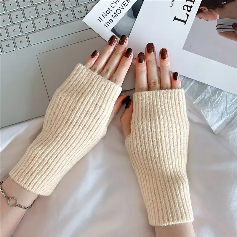 Winter Women Men Warm Fingerless Mitten Knitted Wool Gloves Solid Color Stretch Mittens Exposed Finger Short Cashmere Glove