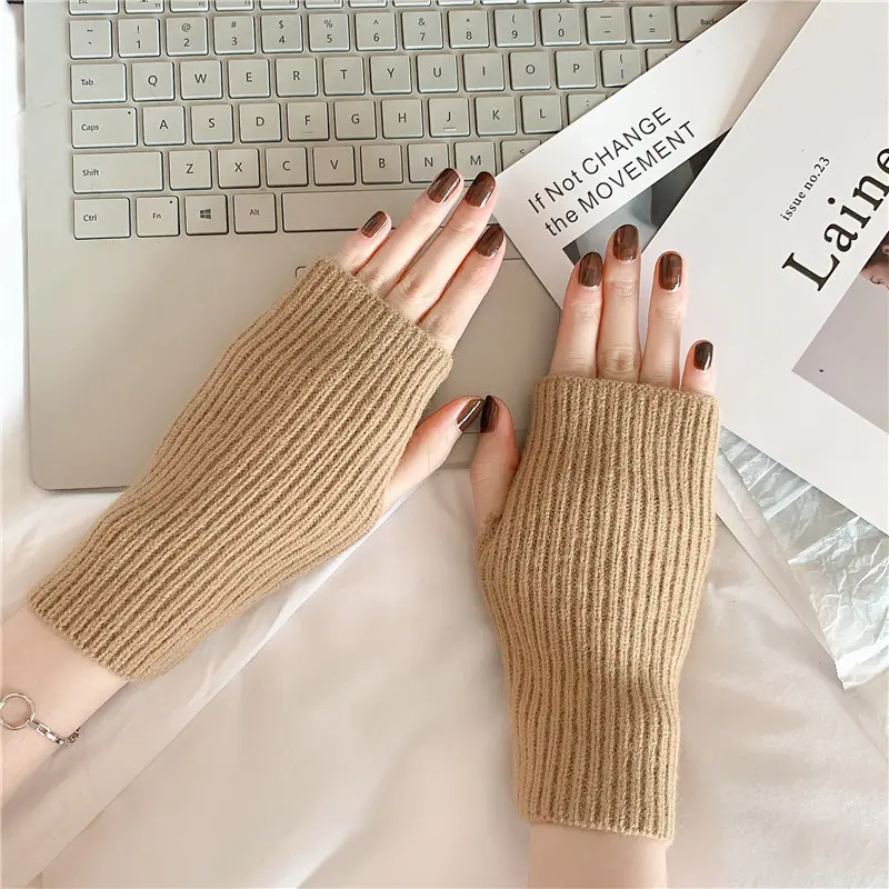 Winter Women Men Warm Fingerless Mitten Knitted Wool Gloves Solid Color Stretch Mittens Exposed Finger Short Cashmere Glove