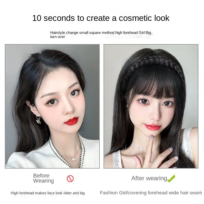 Air Bangs Wig Female Real Hair Braid Hair Hoop All-in-one Natural Forehead Top Hair Replacement Fake Hair Patch Headband