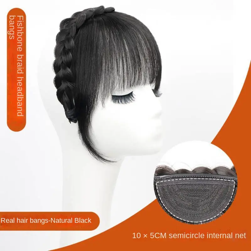 Air Bangs Wig Female Real Hair Braid Hair Hoop All-in-one Natural Forehead Top Hair Replacement Fake Hair Patch Headband