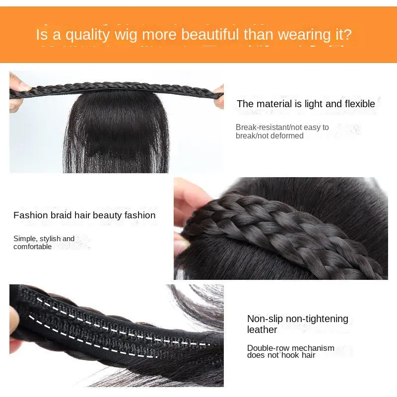 Air Bangs Wig Female Real Hair Braid Hair Hoop All-in-one Natural Forehead Top Hair Replacement Fake Hair Patch Headband