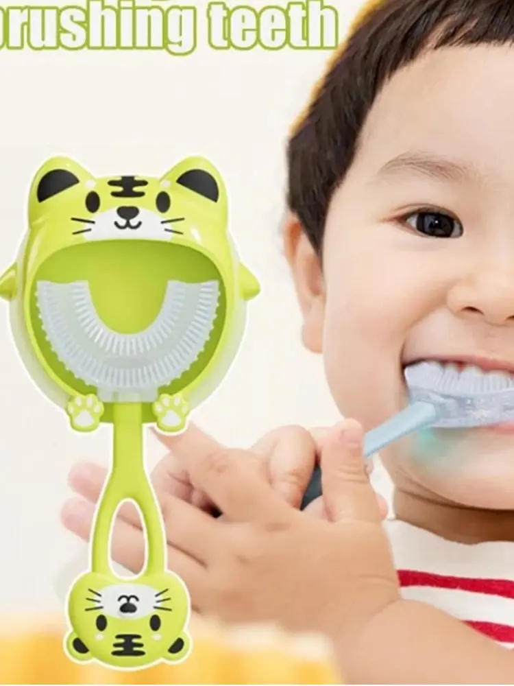 U-shape Kids Toothbrush Cartoon Frog Print Toothbrush With Holder Children's Toothbrush Silicone Cleaning Toothbrush 2-12years