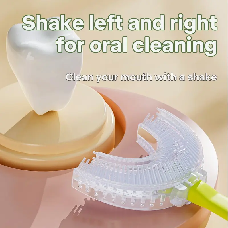 U-shape Kids Toothbrush Cartoon Frog Print Toothbrush With Holder Children's Toothbrush Silicone Cleaning Toothbrush 2-12years
