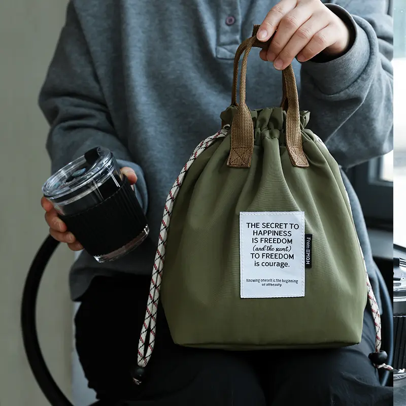 Portable Japanese Korean Lunch Bag Cotton Canvas Drawstring Handbag Thermal Insulated Picnic Food Storage Bento Box Bag Tote