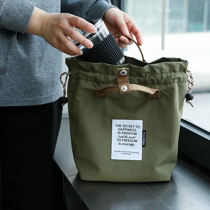 Portable Japanese Korean Lunch Bag Cotton Canvas Drawstring Handbag Thermal Insulated Picnic Food Storage Bento Box Bag Tote