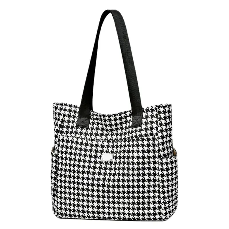 Women's Large Capacity Underarm Bag Fashion Waterproof Tweed Handbag 2024 Houndstooth Tote Bag Multi Pockets Ladies Shoulder Bag