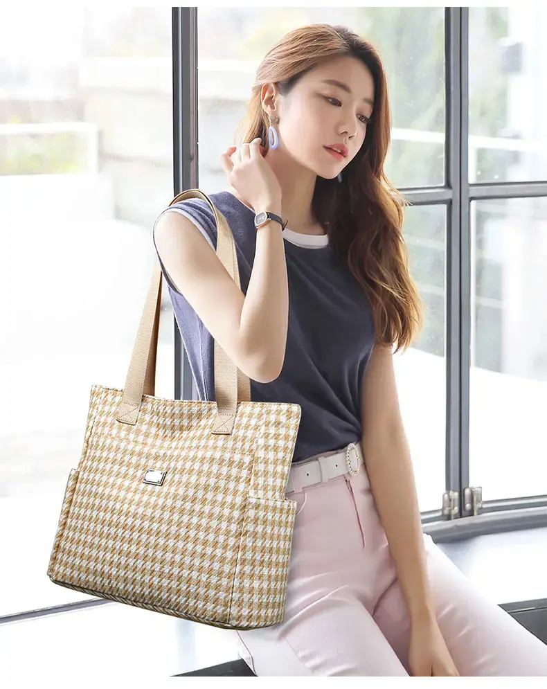 Women's Large Capacity Underarm Bag Fashion Waterproof Tweed Handbag 2024 Houndstooth Tote Bag Multi Pockets Ladies Shoulder Bag