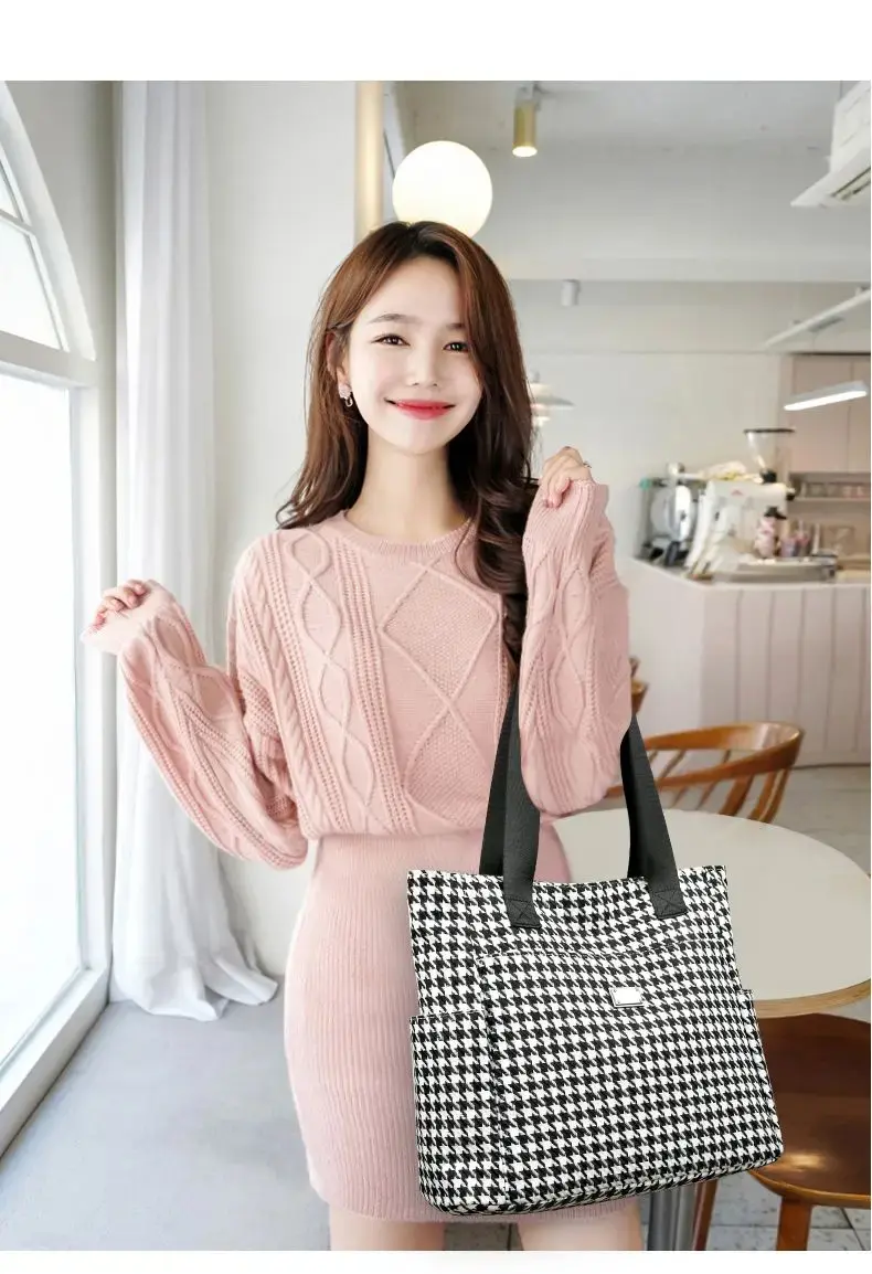 Women's Large Capacity Underarm Bag Fashion Waterproof Tweed Handbag 2024 Houndstooth Tote Bag Multi Pockets Ladies Shoulder Bag