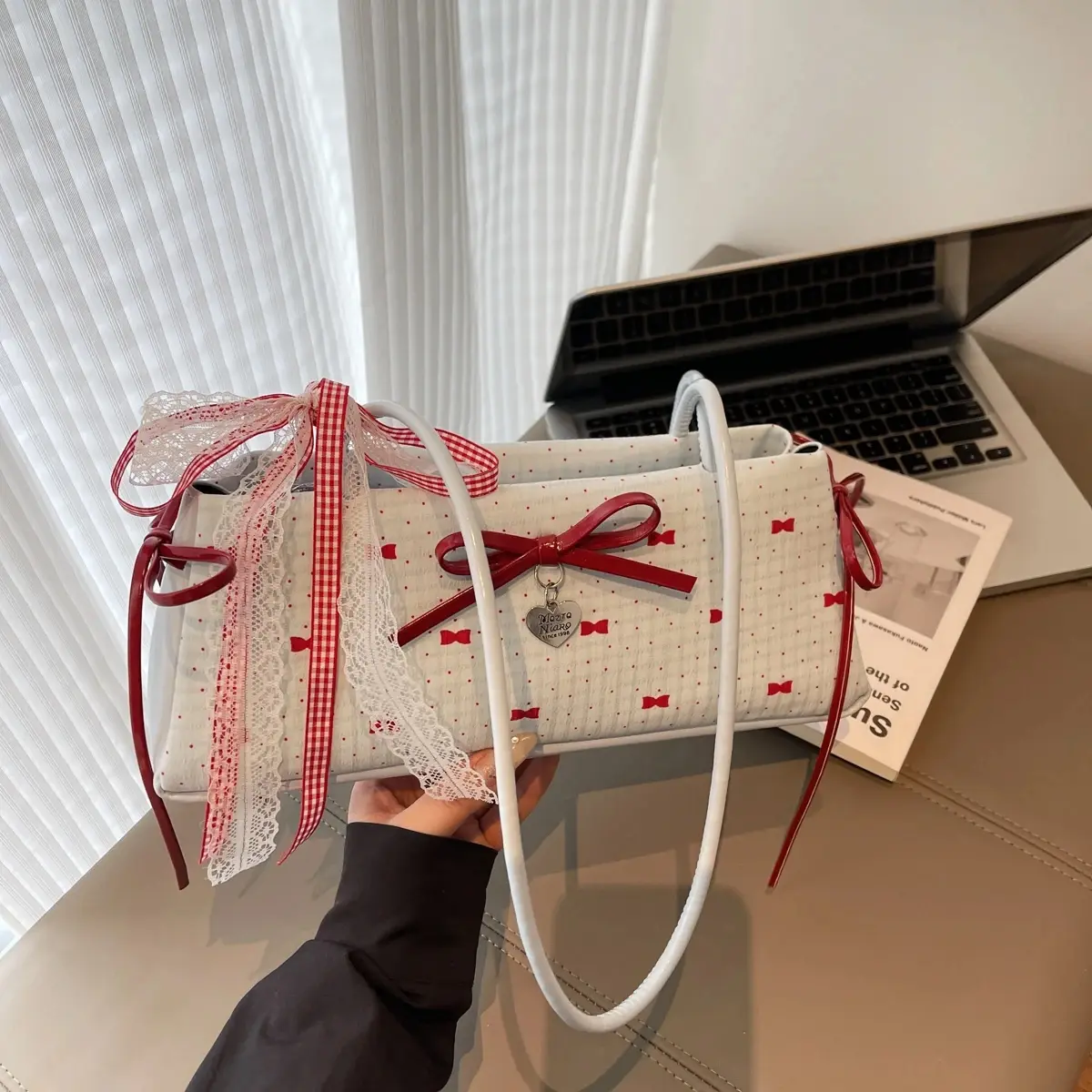 Bow Lace Large Capacity Shoulder Bags Interior Compartment Soft KoreanStyle Y2K Bags for Women Zipper Pu Women's Handbags