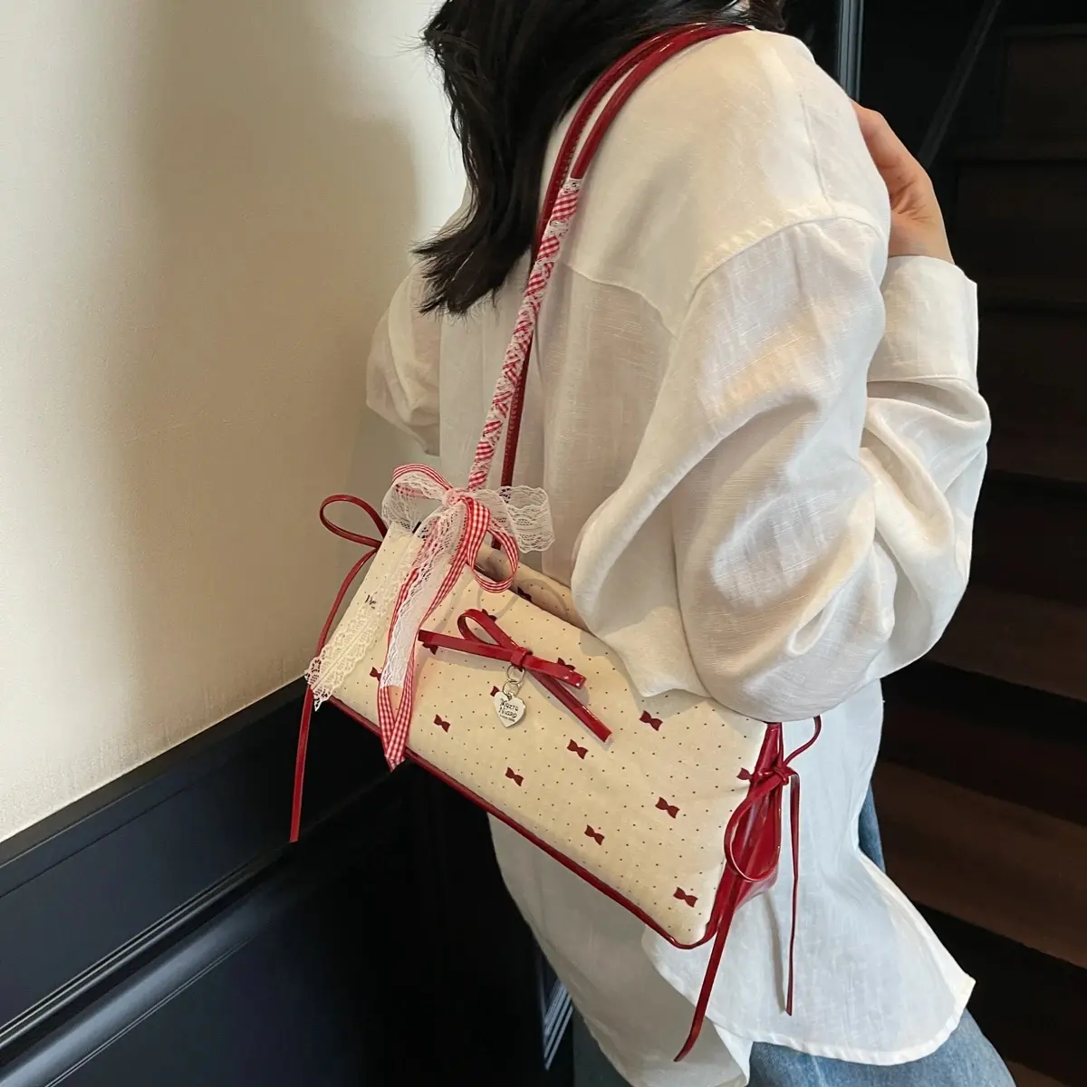 Bow Lace Large Capacity Shoulder Bags Interior Compartment Soft KoreanStyle Y2K Bags for Women Zipper Pu Women's Handbags