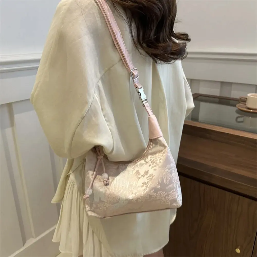 Luxury Embroidery Shoulder Bag Nylon Texture Small Armpit Bag Pearl Pendant Bucket Handbag Women Girl