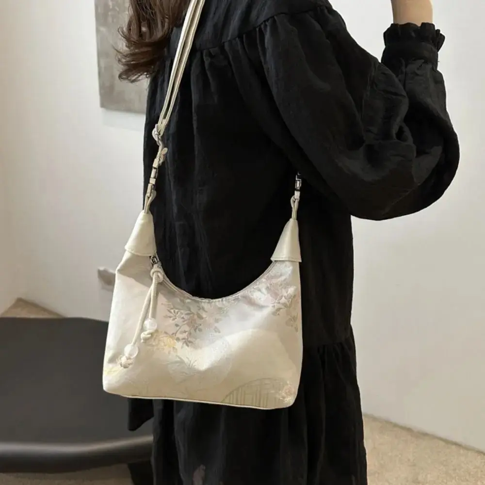 Luxury Embroidery Shoulder Bag Nylon Texture Small Armpit Bag Pearl Pendant Bucket Handbag Women Girl