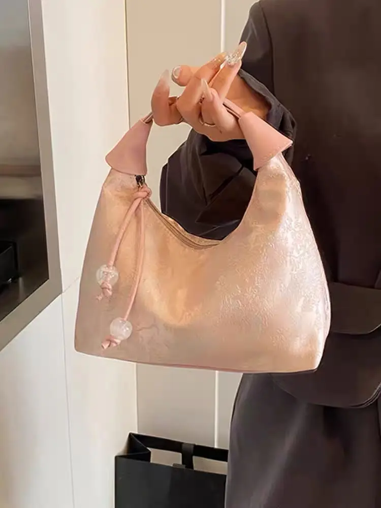 Luxury Embroidery Shoulder Bag Nylon Texture Small Armpit Bag Pearl Pendant Bucket Handbag Women Girl