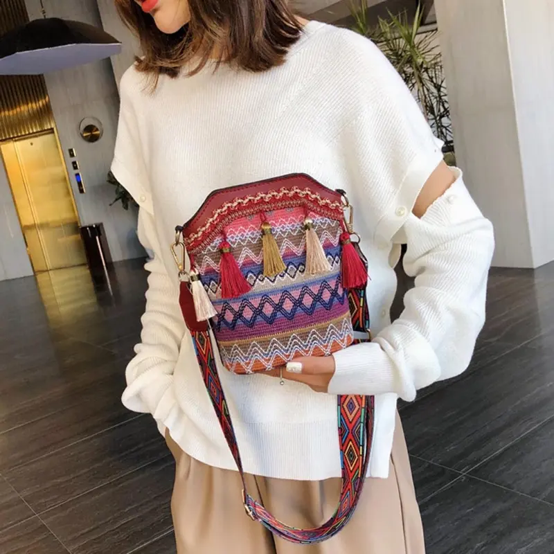 Lady Vintage Ethnic Shoulder Bag Embroidery Boho Hippie Tassel Tote Messenger Beach Crossbody Girls Purse Phone Wallet Pouch