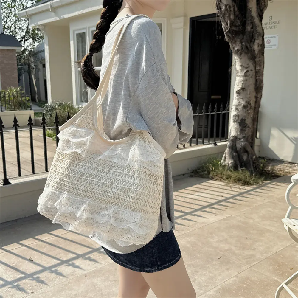New Summer Casual Vacation Fairy Lace Mesh Tote Bag Underarm Single Shoulder Sling Bag Commuting Women's Handbag Bag
