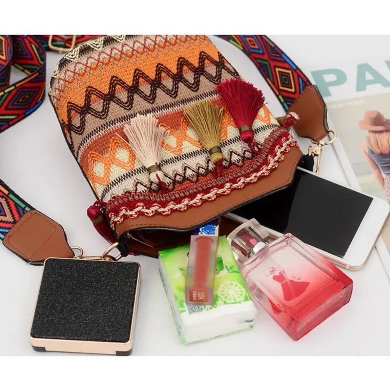Lady Vintage Ethnic Shoulder Bag Embroidery Boho Hippie Tassel Tote Messenger Beach Crossbody Girls Purse Phone Wallet Pouch