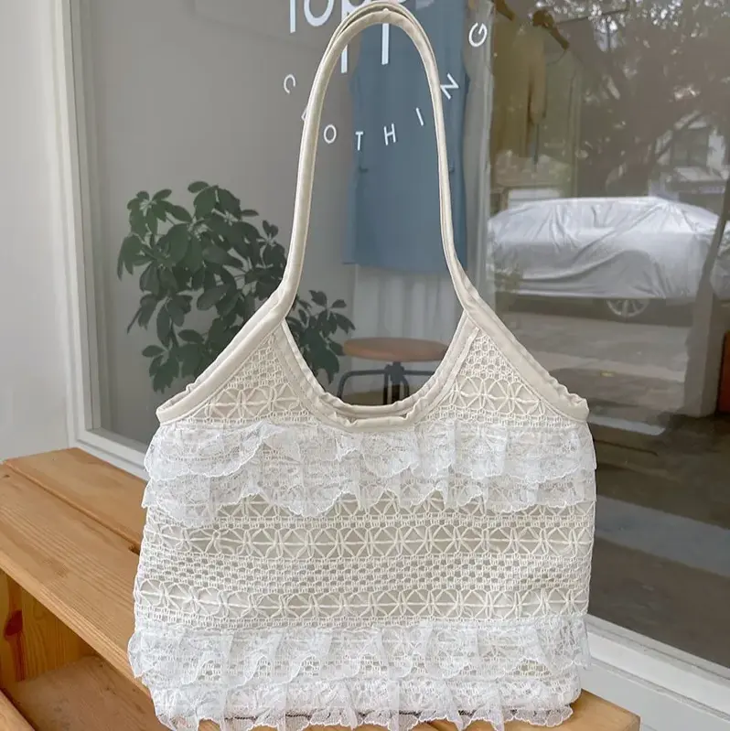 New Summer Casual Vacation Fairy Lace Mesh Tote Bag Underarm Single Shoulder Sling Bag Commuting Women's Handbag Bag