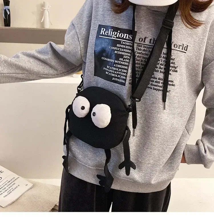 Fashion Big Eyes Canvas Girls Shoulder Bag Cute Black Briquettes Messenger Bag Kids Women Coin Purse Mini Crossbody Handbag