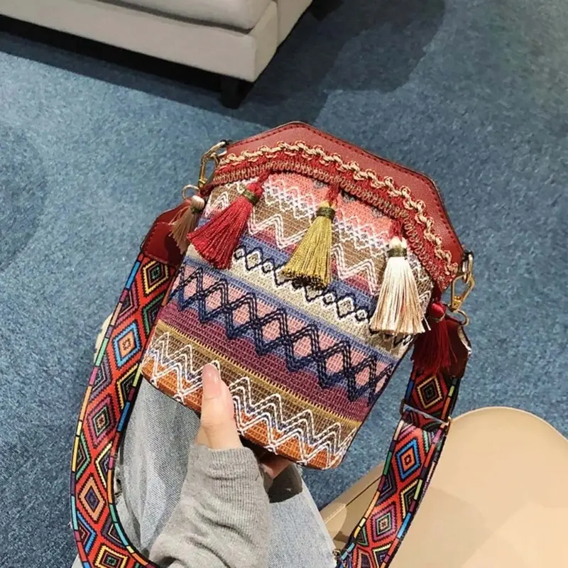 Vintage Ethnic Shoulder Bag Embroidery Boho Hippie Tassel Tote Messenger Beach Crossbody Women Girls Purse Phone Wallet Pouch