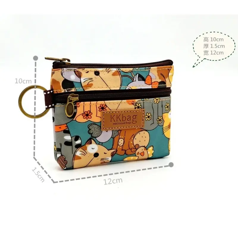 Women Polyester Cartoon Print Keychain Wallet Small Card Organizer Key Pouch Ladies Money Bag Coin Purse for Children Girls Boys