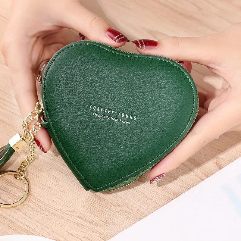 Fashion Heart Shape Women's Wallets PU Leather Tassels Zipper Mini Clutch Key Ring Coin Money Bag Girls Cute Small Purse