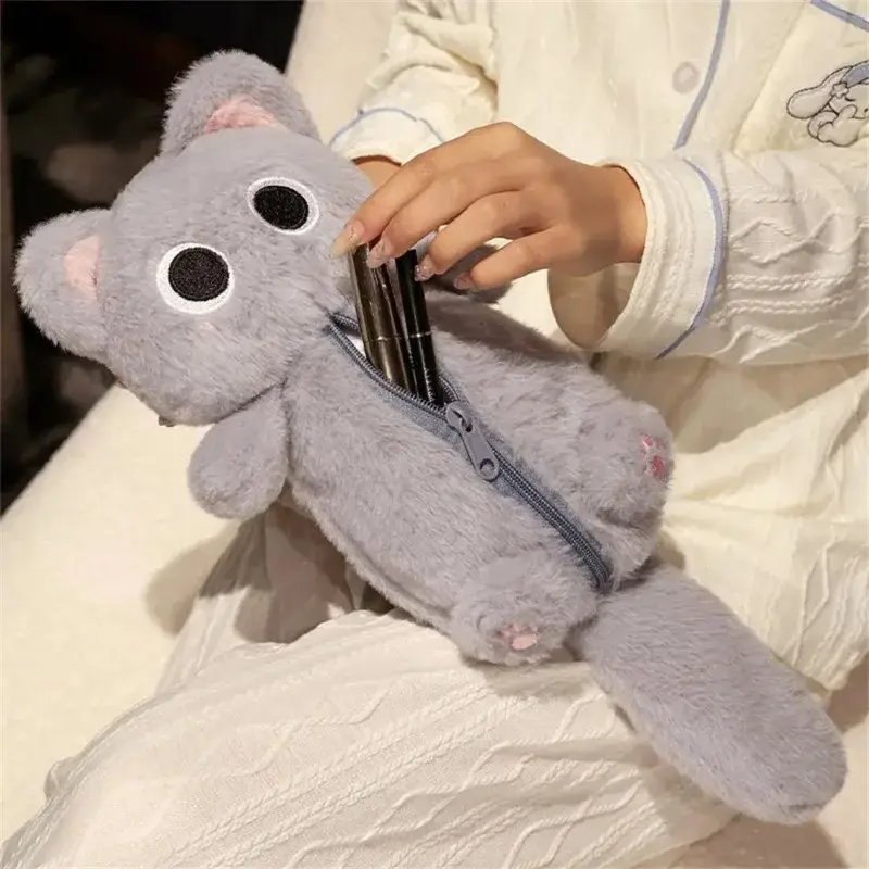 Cartoon Cat Plush Pencil Case Pen Storage Bag Stuffed Animal Siamese Doll Cat Pencil Bag Cute Design Large Capacity Stationery