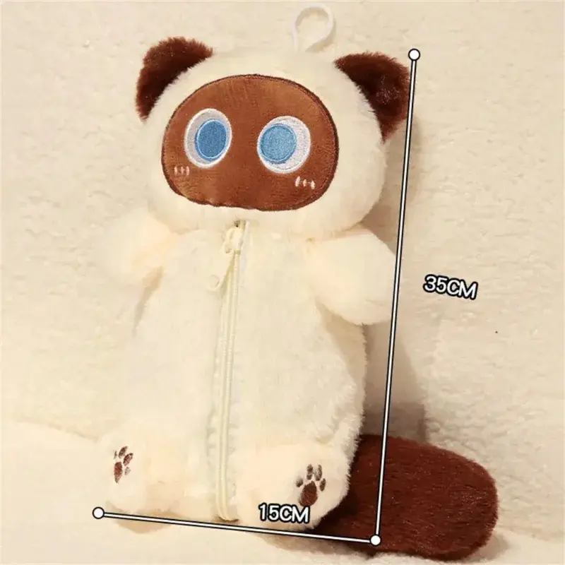 Cartoon Cat Plush Pencil Case Pen Storage Bag Stuffed Animal Siamese Doll Cat Pencil Bag Cute Design Large Capacity Stationery