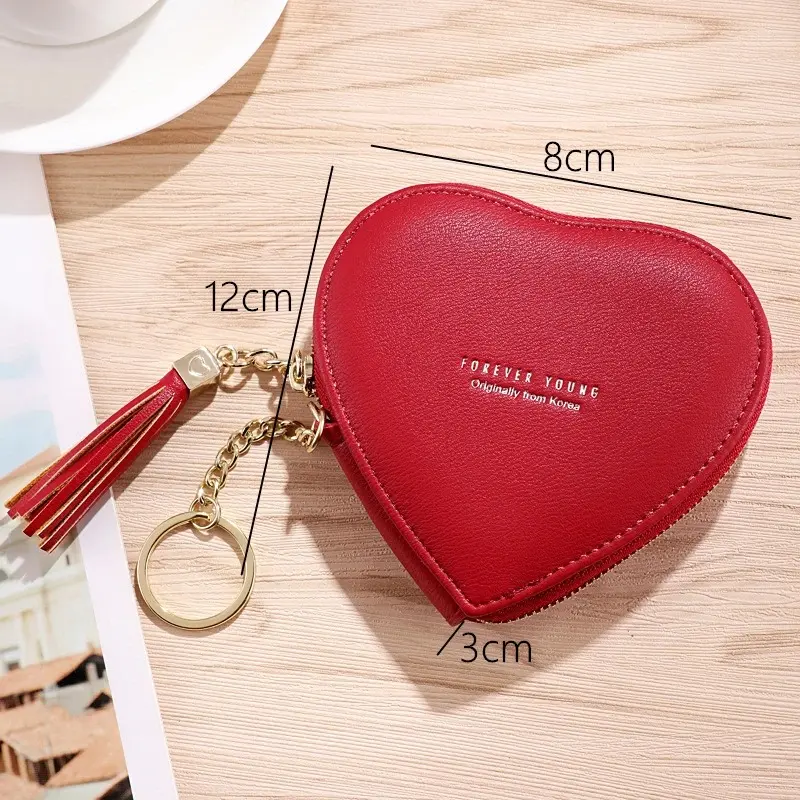 Fashion Heart Shape Women's Wallets PU Leather Tassels Zipper Mini Clutch Key Ring Coin Money Bag Girls Cute Small Purse