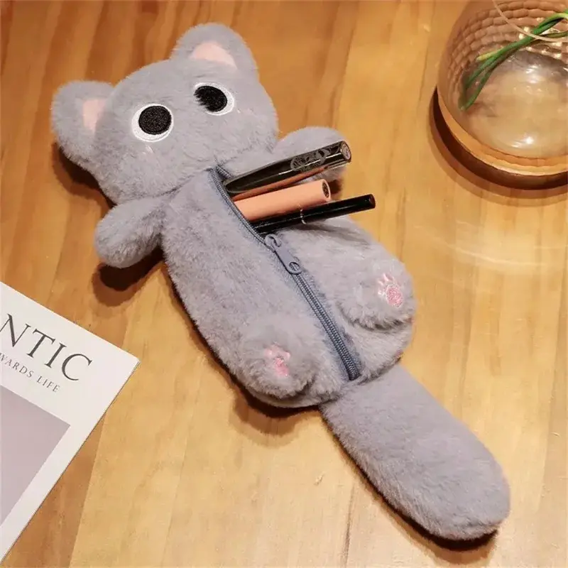 Cartoon Cat Plush Pencil Case Pen Storage Bag Stuffed Animal Siamese Doll Cat Pencil Bag Cute Design Large Capacity Stationery