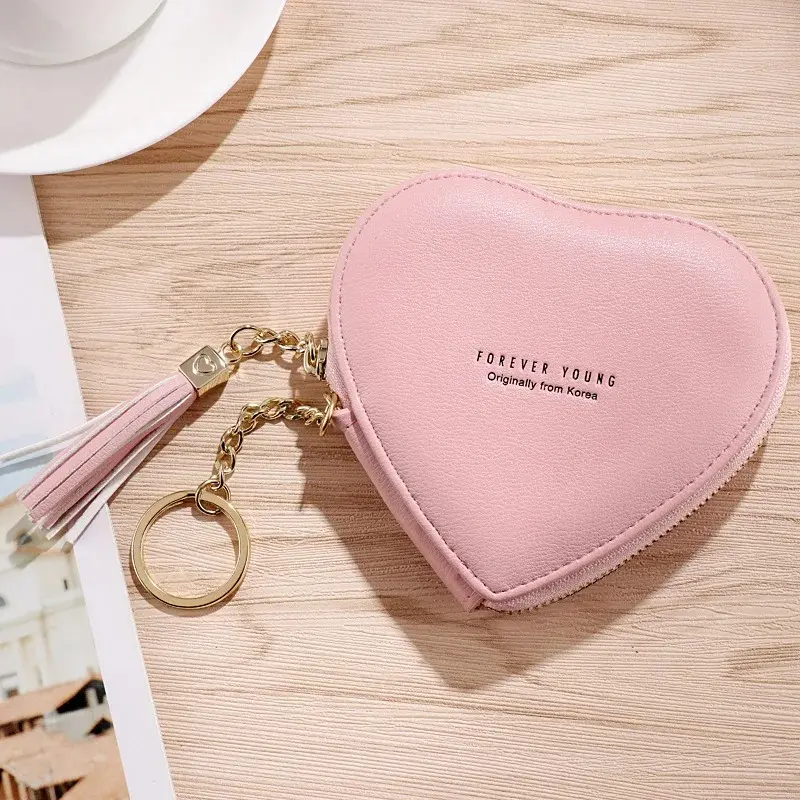 Fashion Heart Shape Women's Wallets PU Leather Tassels Zipper Mini Clutch Key Ring Coin Money Bag Girls Cute Small Purse