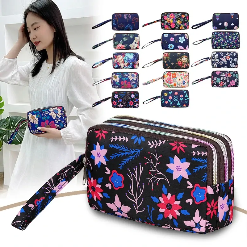 3 Zipper Waterproof Purse Cell Pouch Handbag Wallet Wristlet Bag Women's Fabric Coin Purse Bag Mobile Wallet Clutch Bag