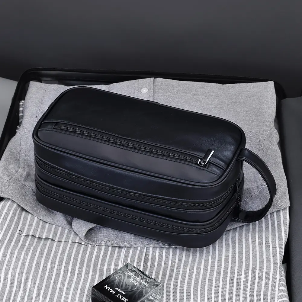 Double-Layer Toiletry Bag for Men PU Leather Travel Wash Organizer Dopp Kit Water-resistant Shaving Cosmetic Bag Strorage