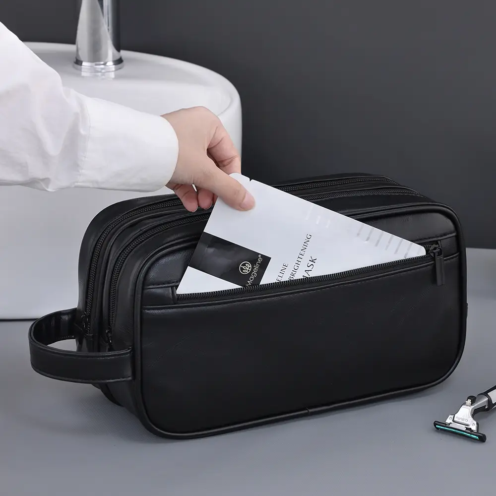 Double-Layer Toiletry Bag for Men PU Leather Travel Wash Organizer Dopp Kit Water-resistant Shaving Cosmetic Bag Strorage
