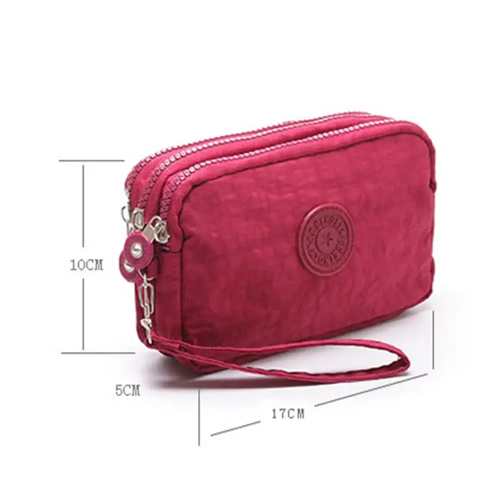 Coin Purse Solid Color Wrinkle Clutch Bags Three Zippers Fabric Phone Purse Portable Women Storage Pouch
