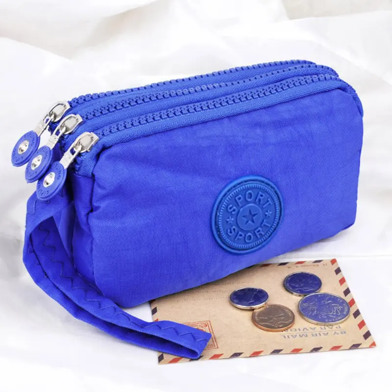 Coin Purse Solid Color Wrinkle Clutch Bags Three Zippers Fabric Phone Purse Portable Women Storage Pouch